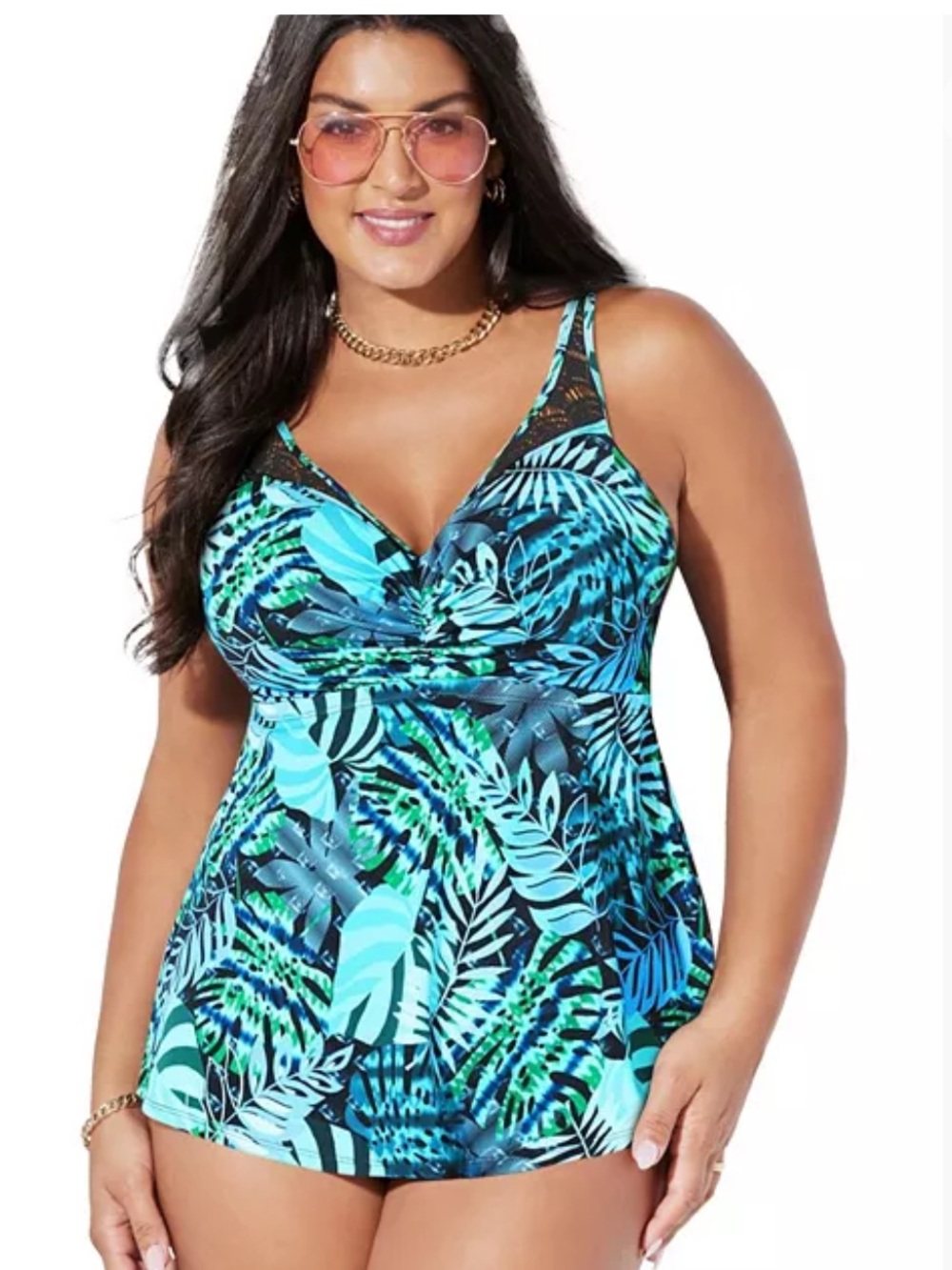 NWT Swimsuits For All Women's Size 44F Green Palm Crochet Underwire Swim Tankini
